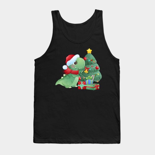 Cute Christmas T Rex Dinosaur With Christmas Tree And Gift Boxes Tank Top by P-ashion Tee